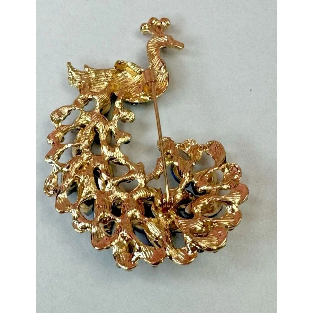 Peacock Brooch Blue Rhinestone Navette Goldtone Pin 2.25”